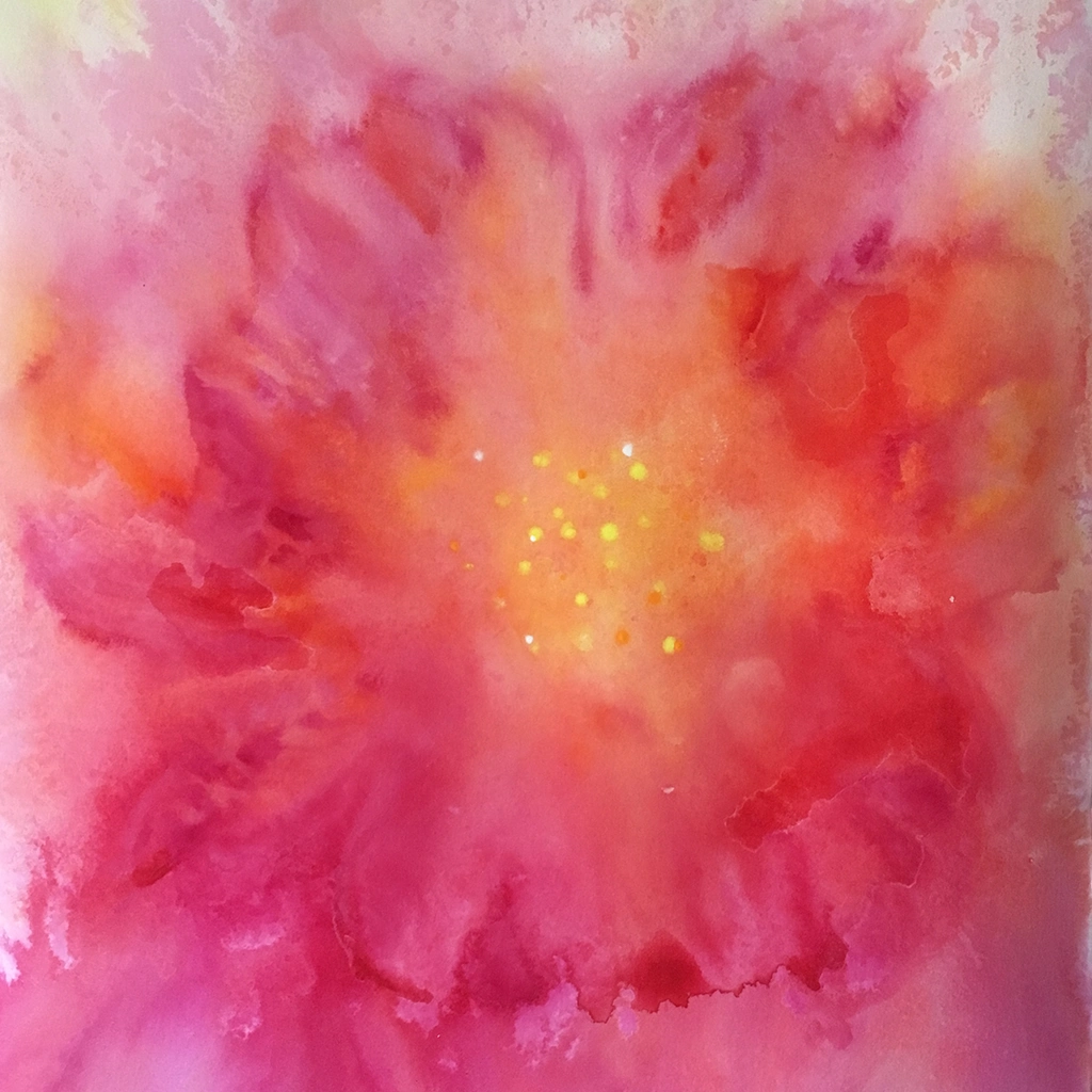 Aquarell-Gemälde in starken Rottönen einer Blume von Valérie Seignez