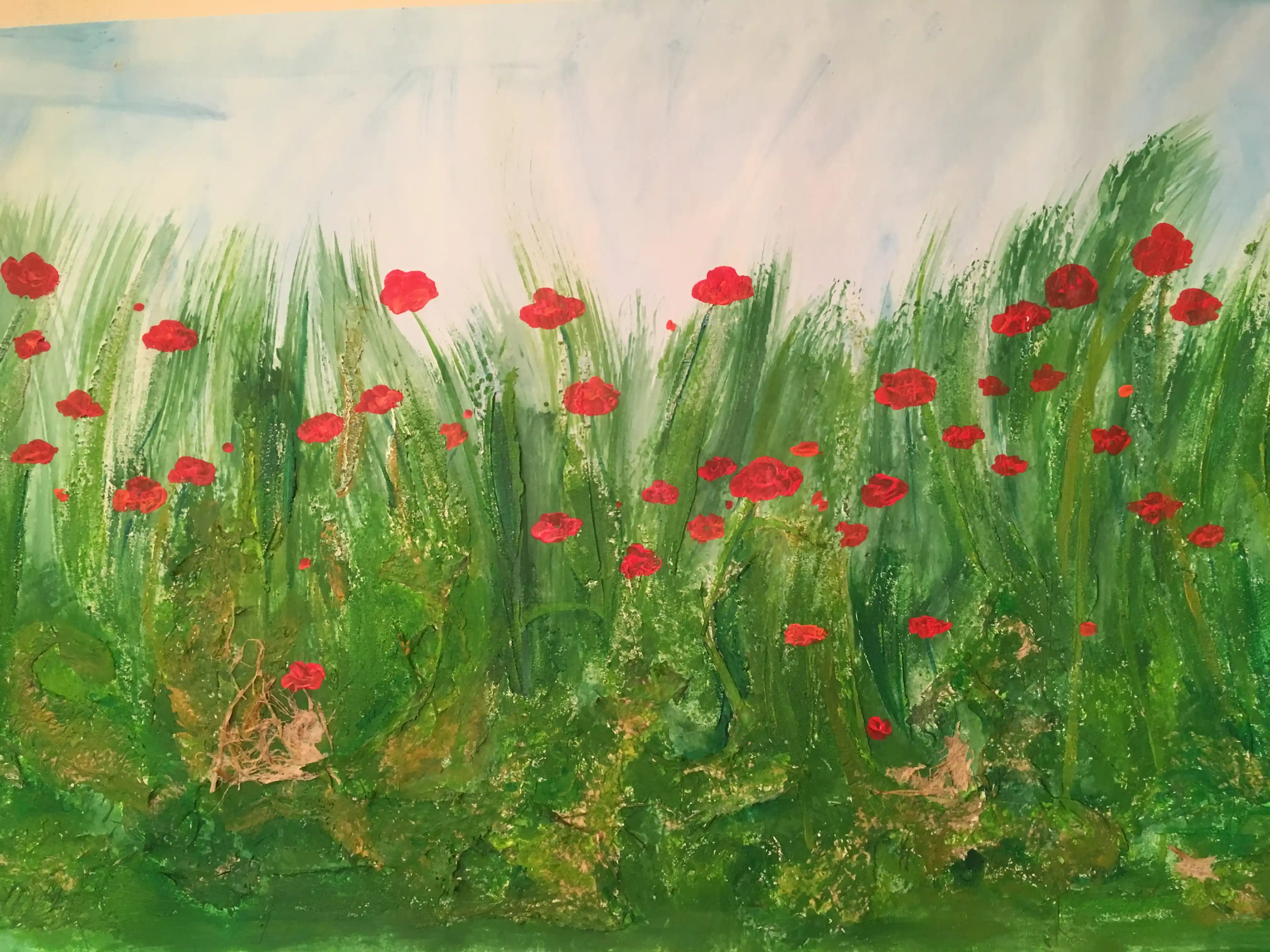 Bild einer Blumenwiese mit roten Blüten von Valérie Seignez, gemalt in der Maltherapie