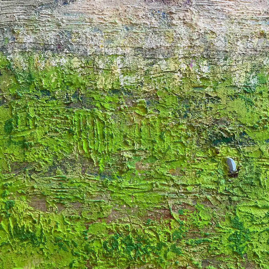 Mixed Media Gemälde in starken Grün- und Weisstönen